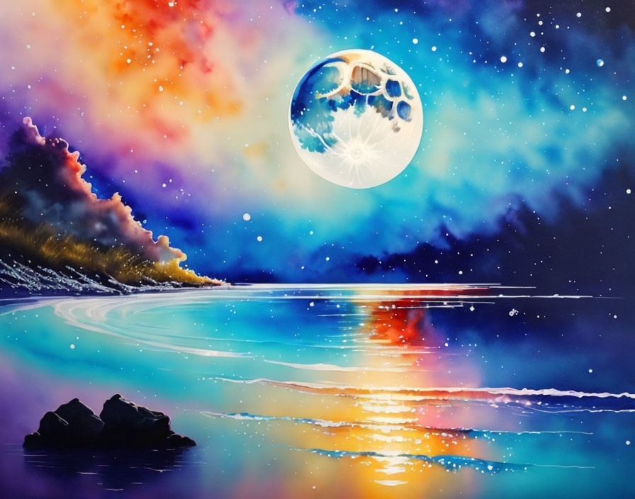 Night Sky Digital Artwork with Full Moon, Cosmic Nebula, and Silhouetted Shoreline