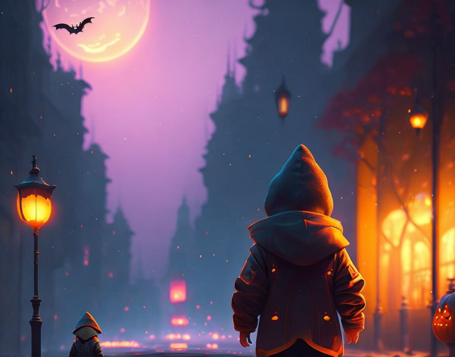 Person in hooded jacket under moonlit sky with bats on Halloween street