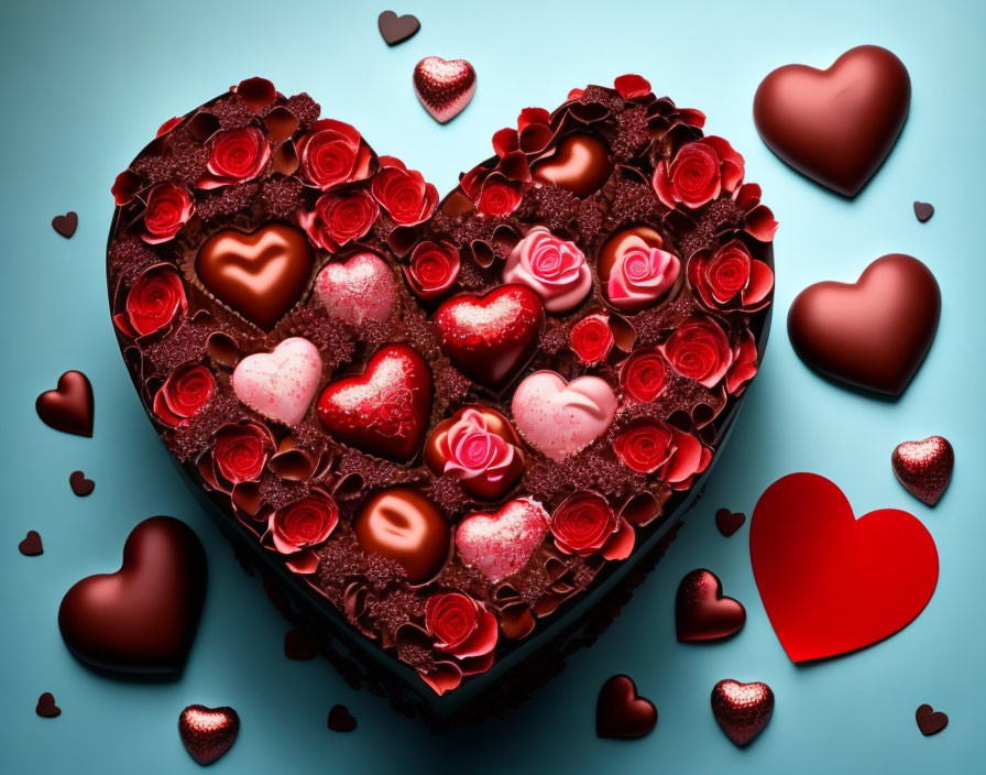 Heart-shaped chocolates and roses on blue background with scattered hearts