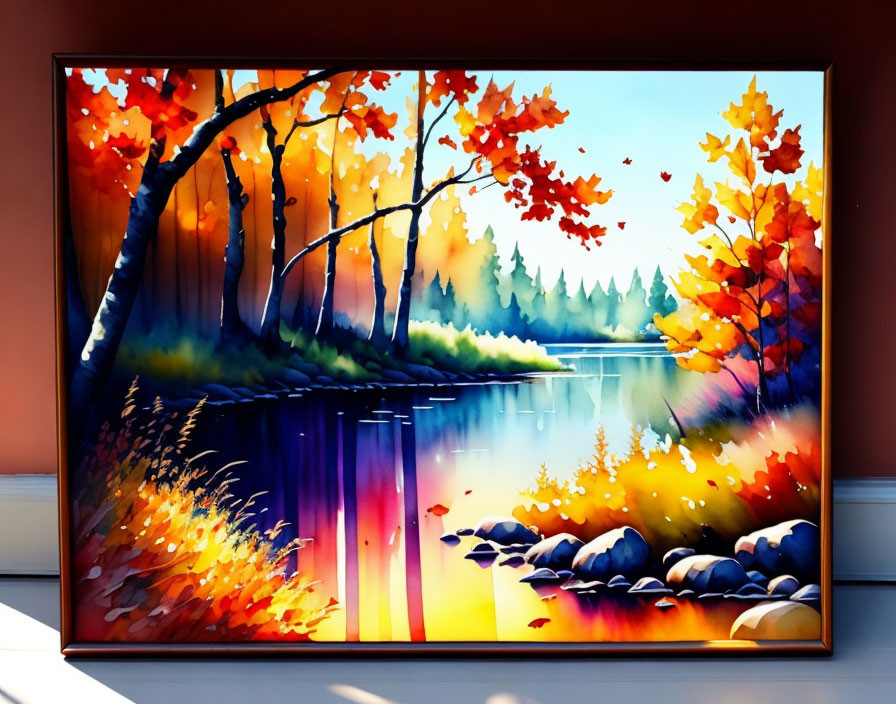 Colorful Autumn Forest Scene Reflected in Tranquil Lake on Red Wall