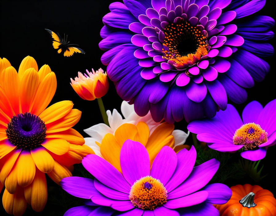 Colorful Flowers in Full Bloom with Butterfly on Dark Background