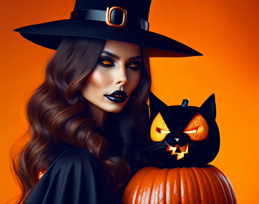 Woman in witch costume with jack-o'-lantern bag beside pumpkin on orange backdrop