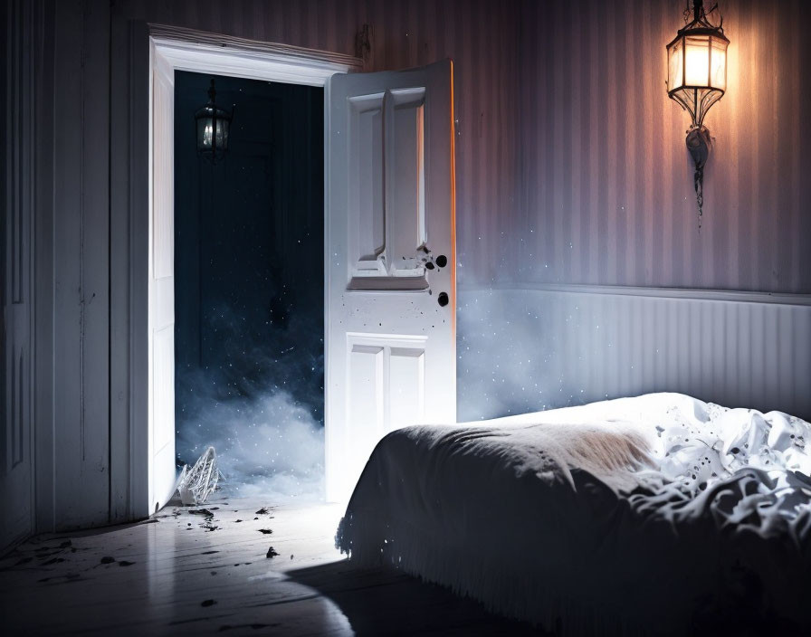 Mysterious bedroom with open door to starry void, glowing lantern, and white-covered bed