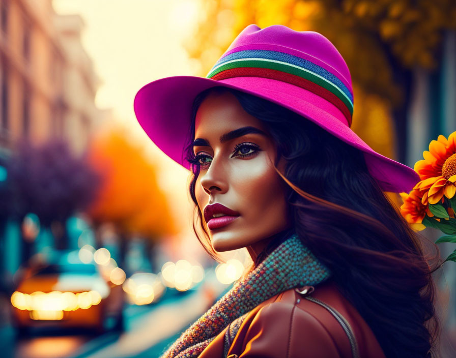 Colorful hat woman with striking makeup and sunflowers in autumn setting