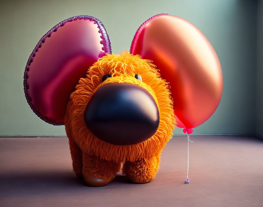 Colorful 3D illustration of furry creature with large ears and red balloon tail