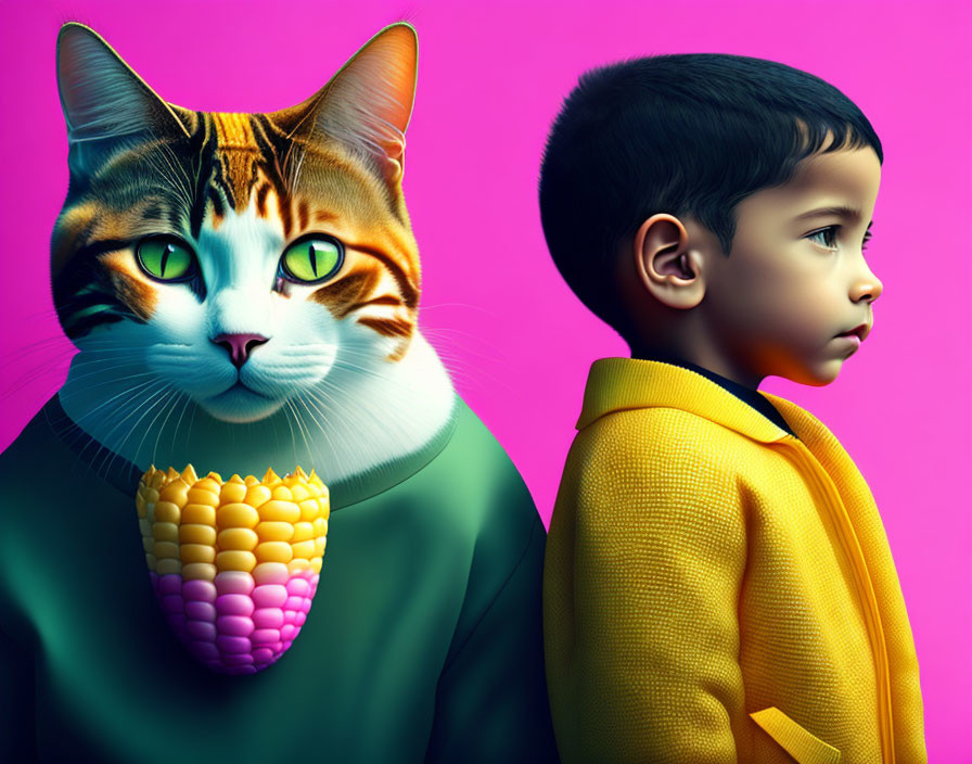 Boy and digitally altered cat with corn on vibrant background