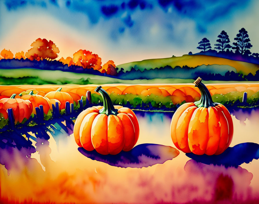 Colorful painting of pumpkins against scenic backdrop