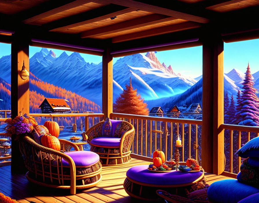 Scenic mountain view from cabin porch at sunset with autumnal decor