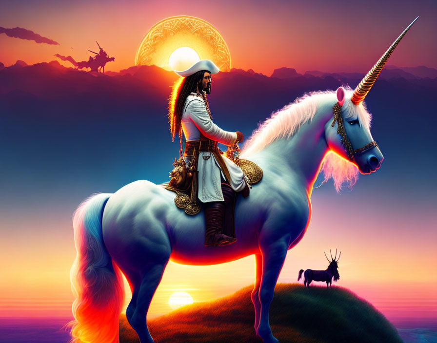 Historic dressed person riding unicorn at sunset with mountains.