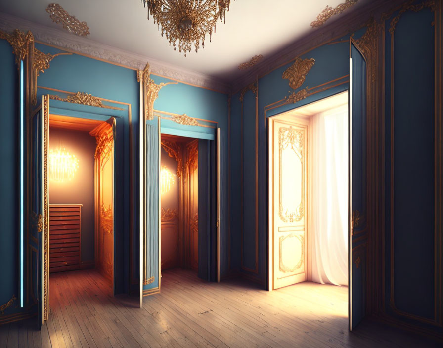 Blue and Gold Elegant Room with Ornate Ceiling Moldings and Open Doors