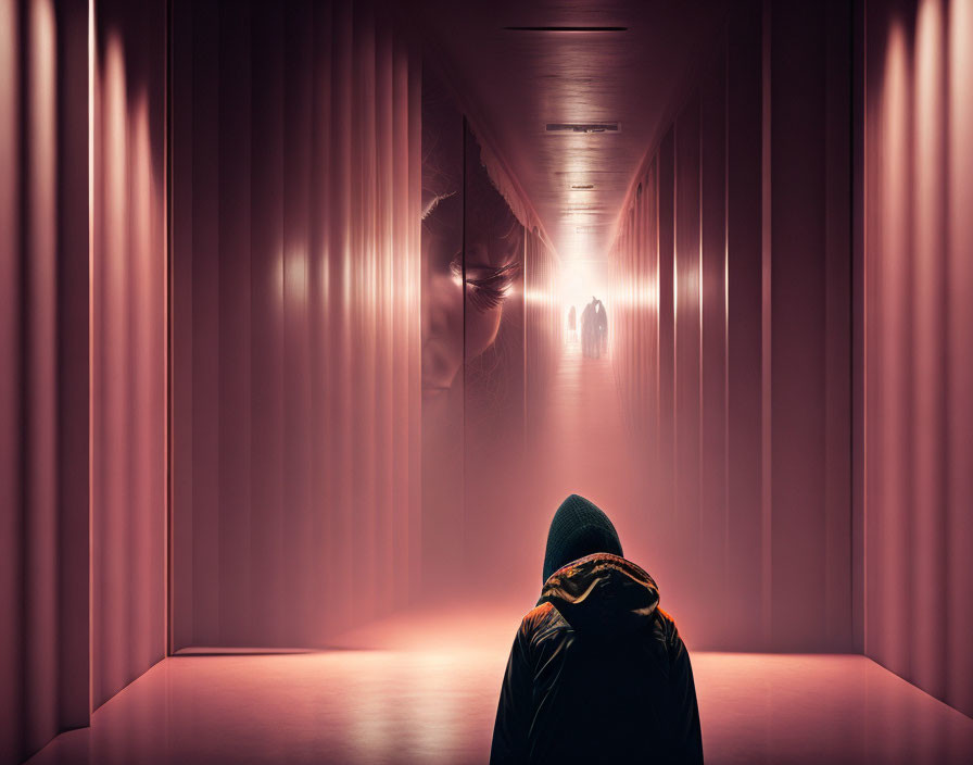 Hooded figure in pink-lit corridor faces bright light with silhouettes