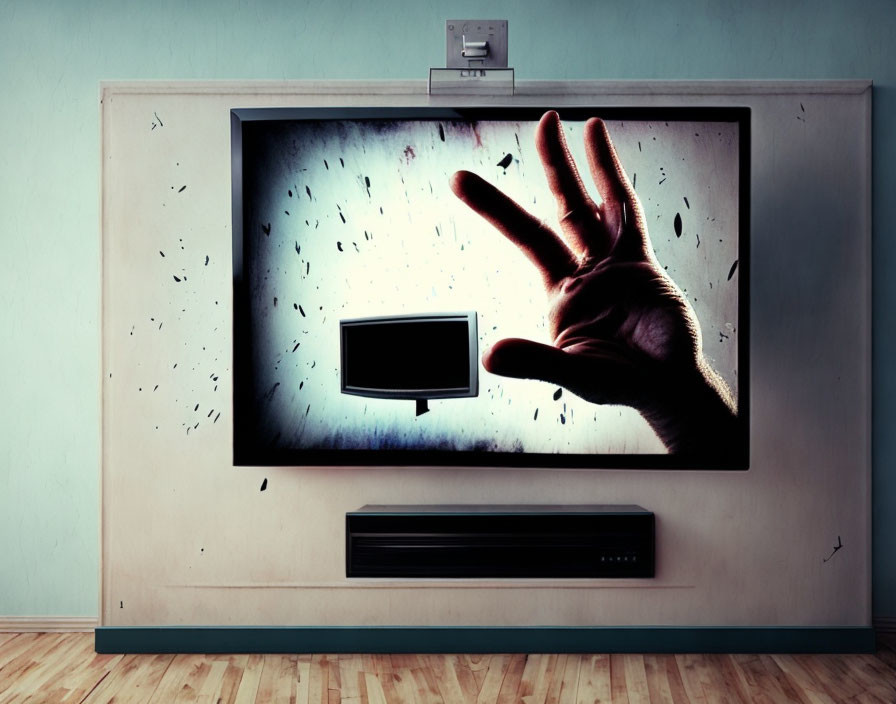 Hand reaching out from large screen in surreal room