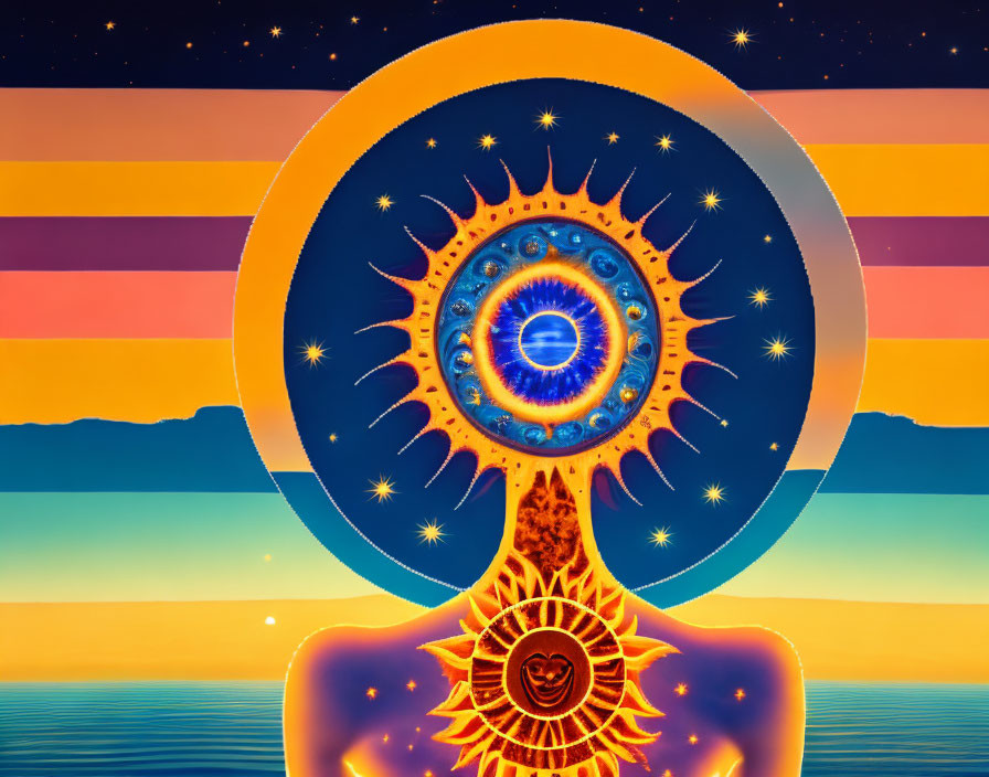 Colorful Psychedelic Art: Eye Motif, Stars, Sunset Stripes