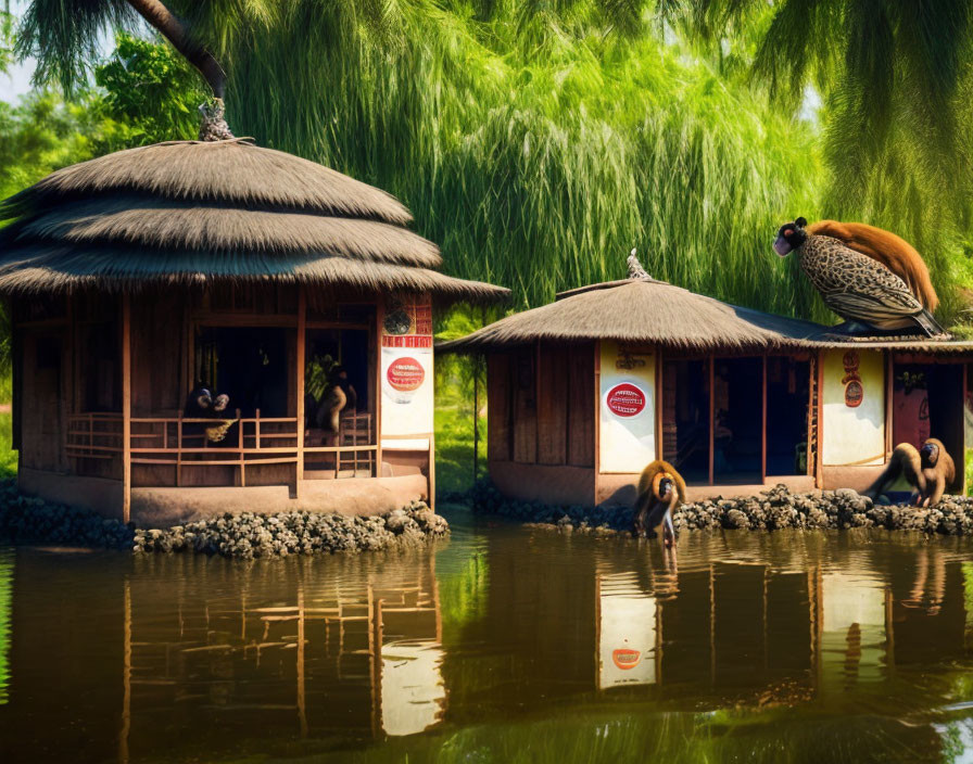 Thatched huts near pond with monkeys and bird in lush setting