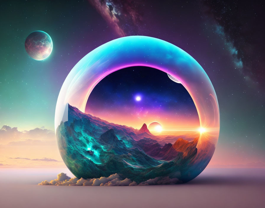 Surreal landscape with mountains in floating iridescent ring