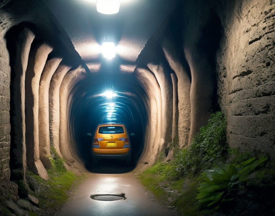 Yellow car driving through dimly lit rock tunnel with hanging lights and greenery.