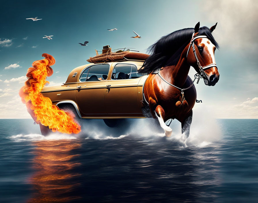 Surreal fusion of horse and classic car racing on water