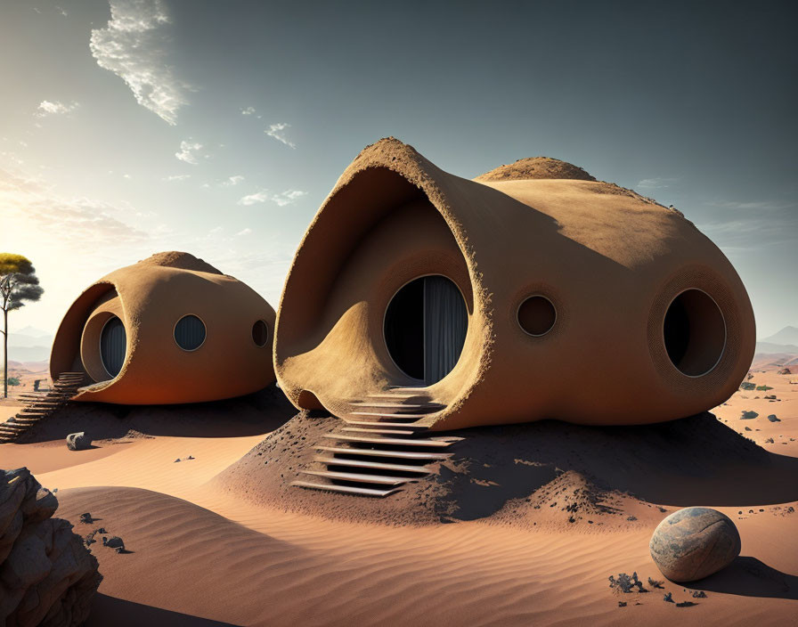 Organic-shaped futuristic structures in desert landscape