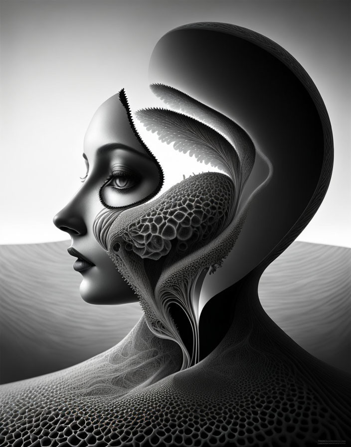 Monochromatic surreal portrait blending female figure with intricate patterns and organic shapes