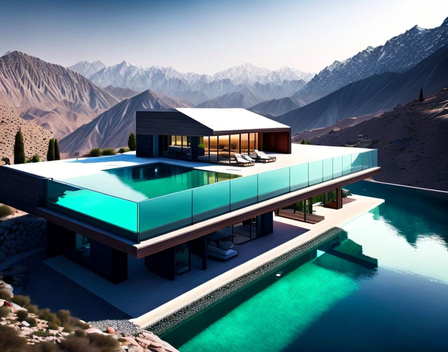 Modern House with Large Glass Windows Reflecting Mountains & Water