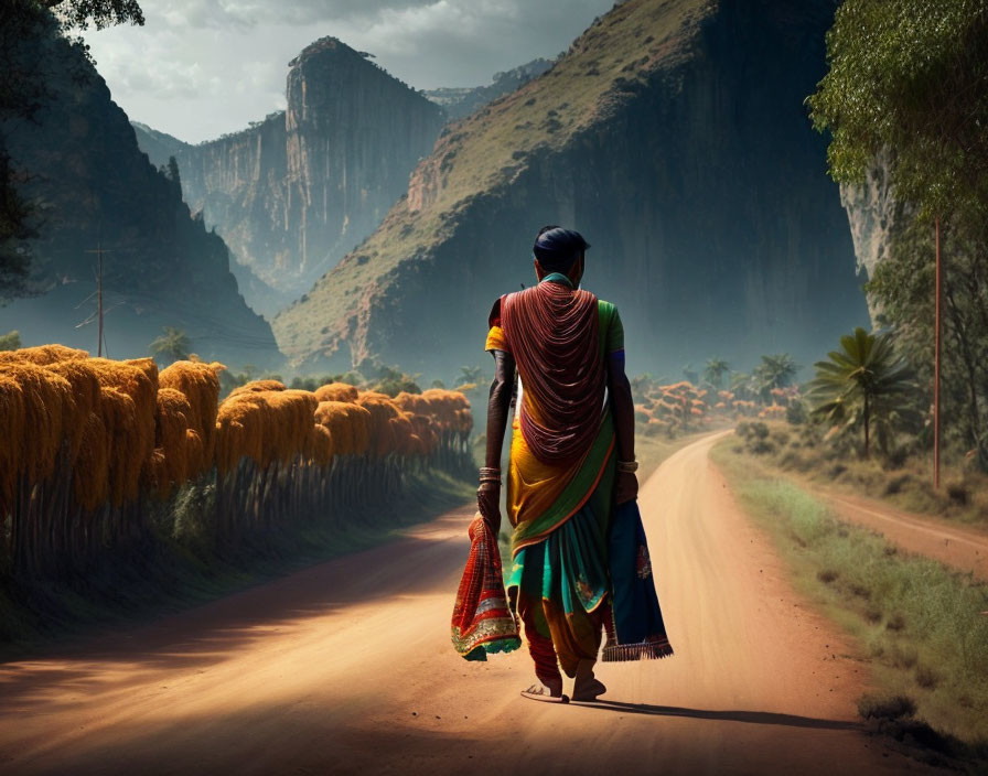 Person in Traditional Attire Walking on Dusty Road Amid Golden Fields and Cliffs