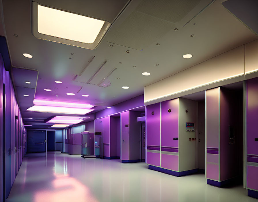 Futuristic Corridor with Purple and Blue Lighting and Multiple Doors