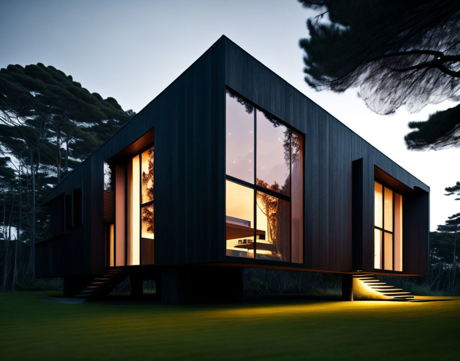 Modern House with Large Windows and Dark Facade Amid Pine Trees at Dusk