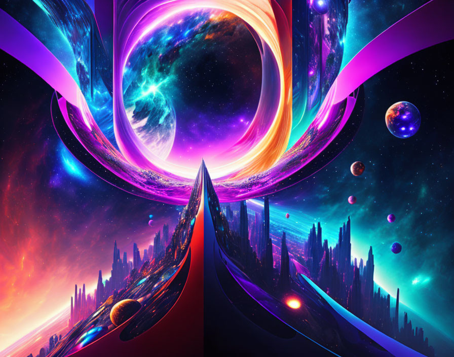 Vibrant digital art: otherworldly landscape with cosmic structures.