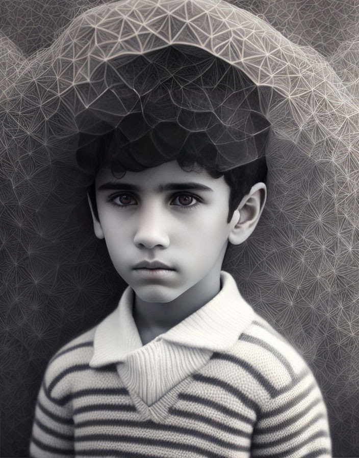 Monochromatic portrait of young boy in striped sweater