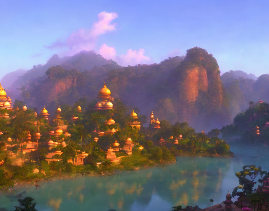 Mystical landscape with golden-domed temples in lush greenery