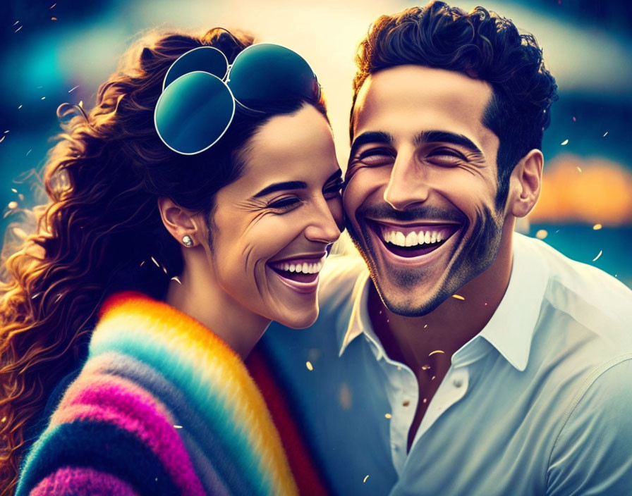 Happy couple laughing with woman in sunglasses, warm bokeh light.