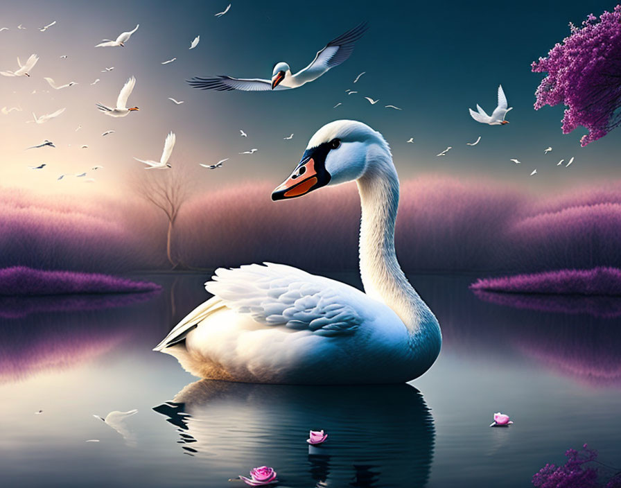 Swan Floating on Tranquil Lake with Birds in Twilight Landscape