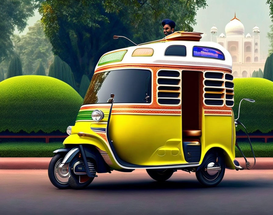 Vibrant illustration of yellow auto rickshaw with Taj Mahal backdrop