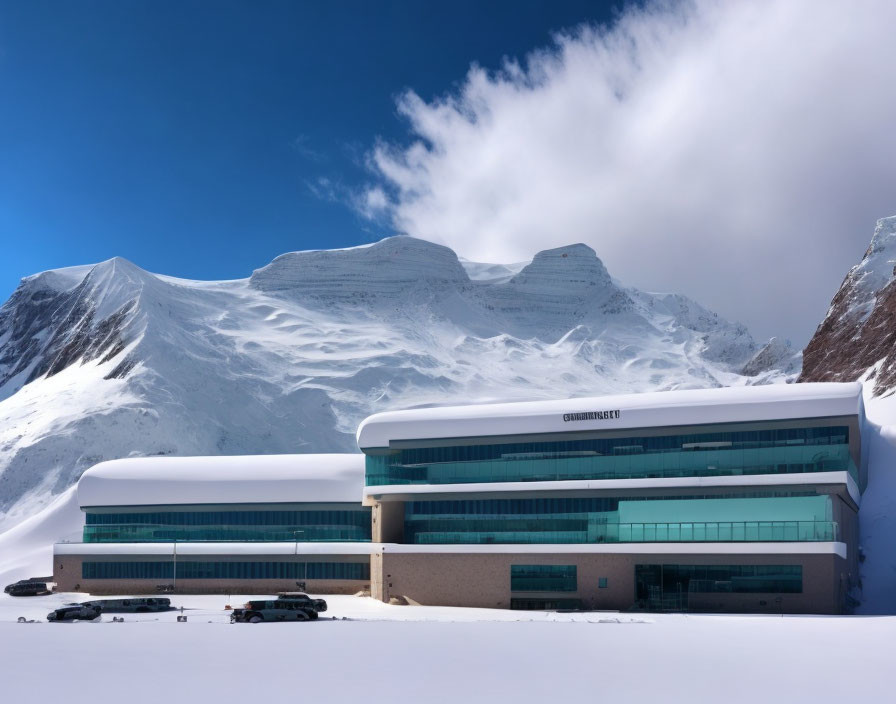 Glass facade modern building "Granite House" in snowy mountain landscape