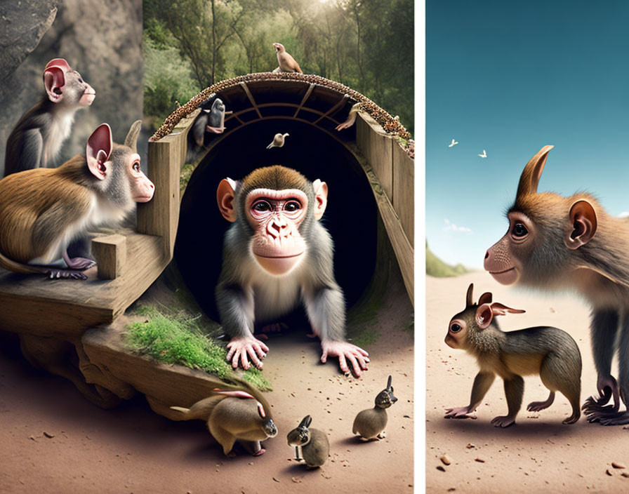 Surreal animal portraits with oversized eyes in whimsical scenes