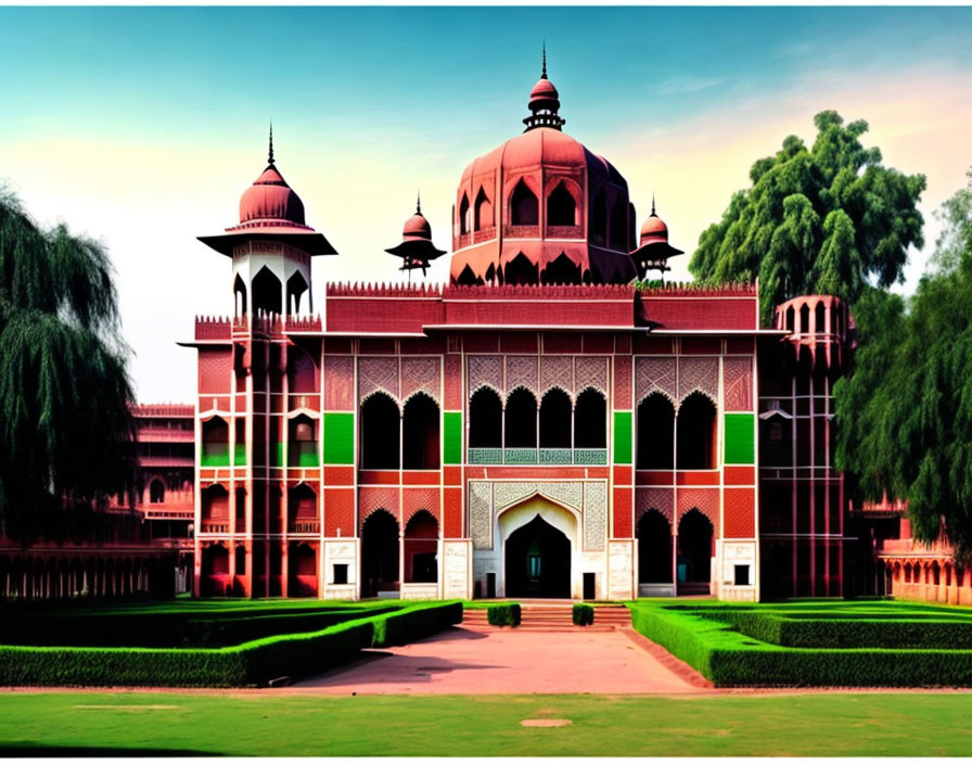 Red and white Mughal-style architecture with domes and turrets in lush green gardens under a