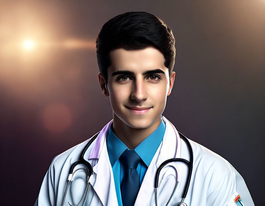 Young male doctor in white coat with stethoscope, smiling confidently