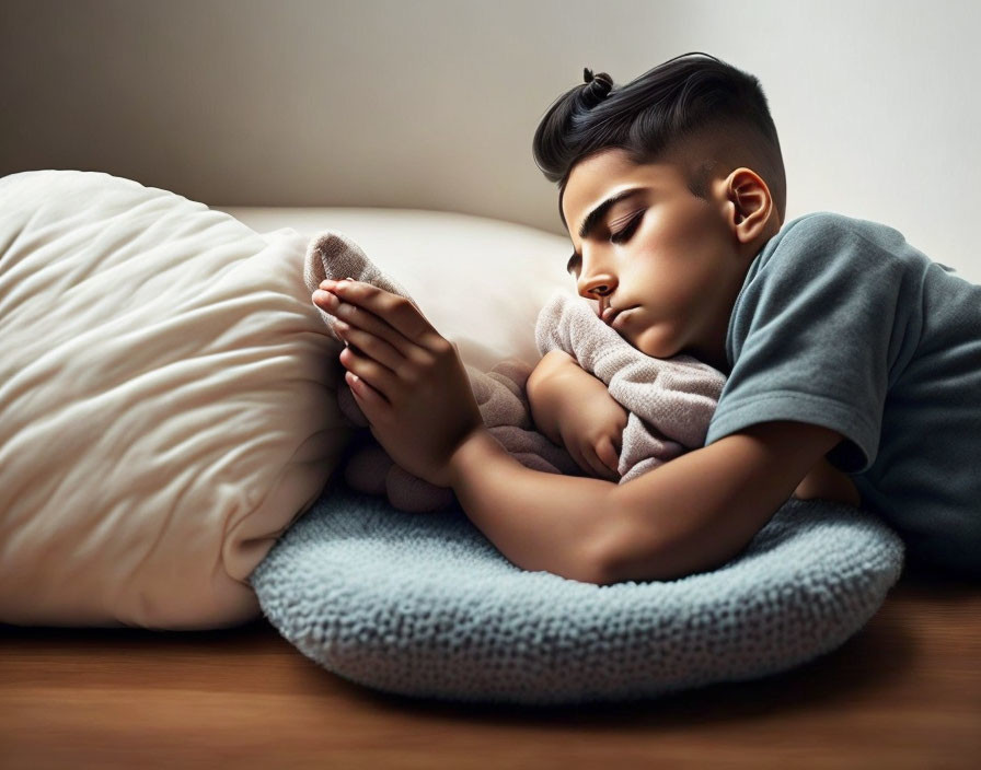 Dark-haired boy peacefully sleeping on blue pillow with beige comforter and plush toy