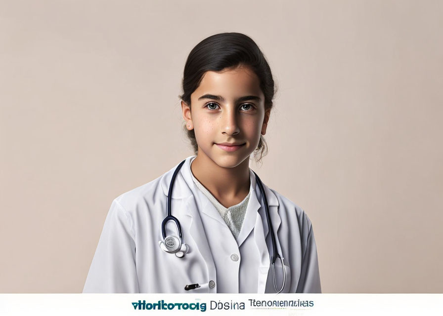 Young girl in white lab coat with stethoscope on neutral beige background