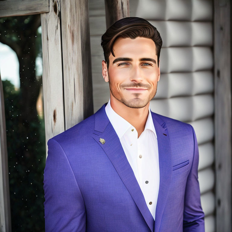 Smiling man in blue suit by wooden doorway