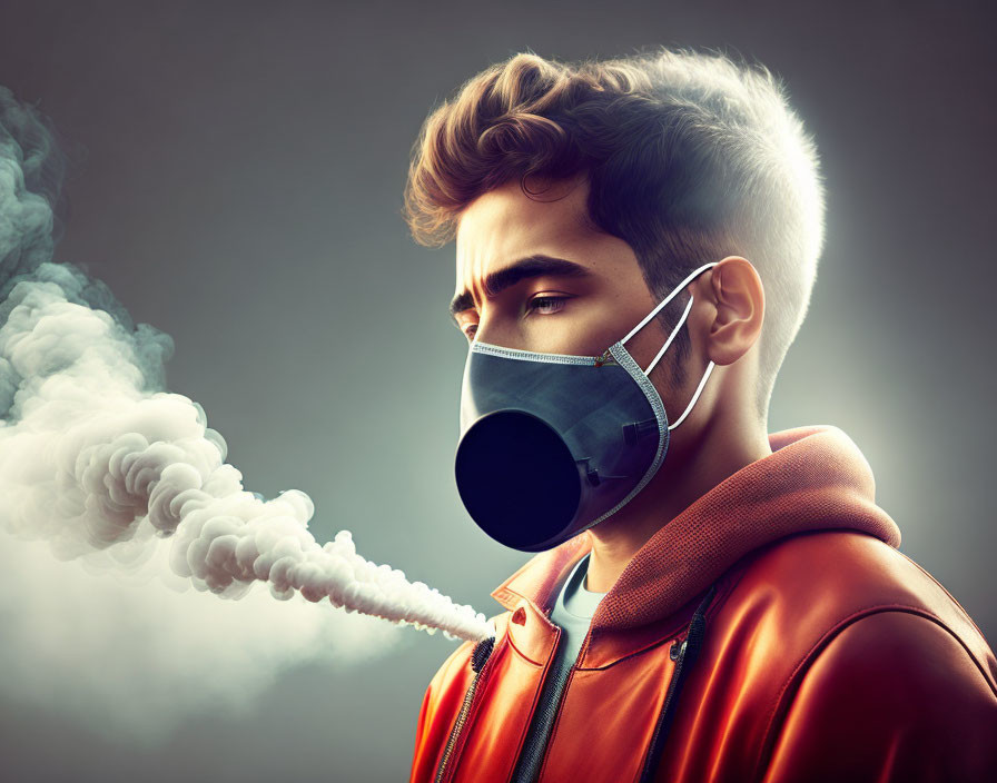 Person in Orange Jacket with Gray Mask Emitting Smoke