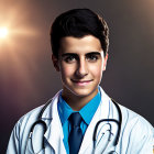 Young male doctor in white coat with stethoscope, smiling confidently