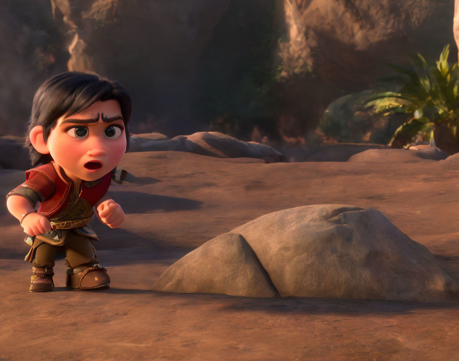 Surprised young girl with dark hair in 3D animation on rocky terrain