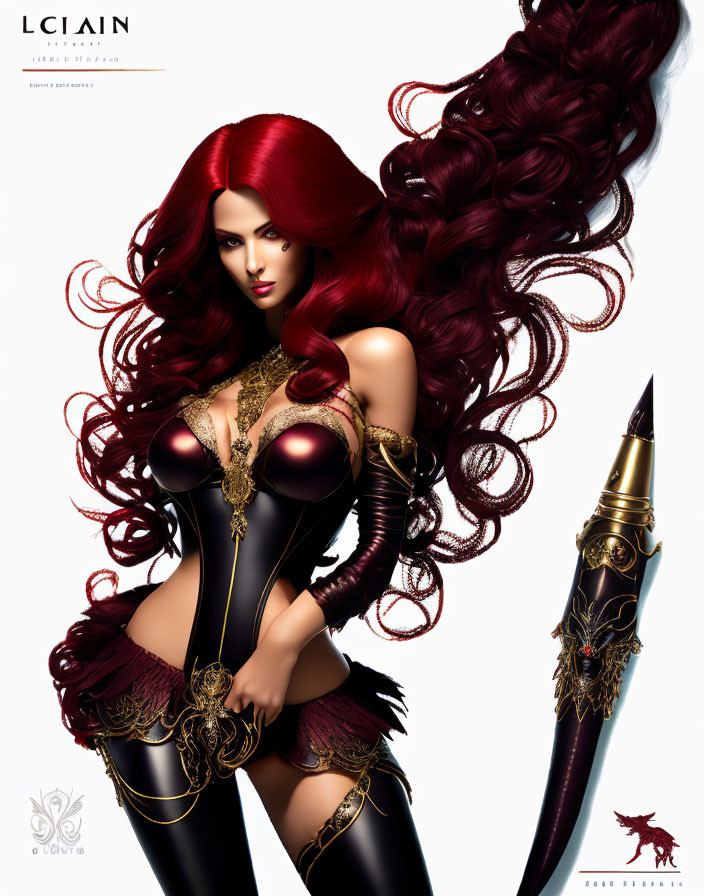 Illustrated female figure in ornate black and gold bodysuit with red hair and pen.