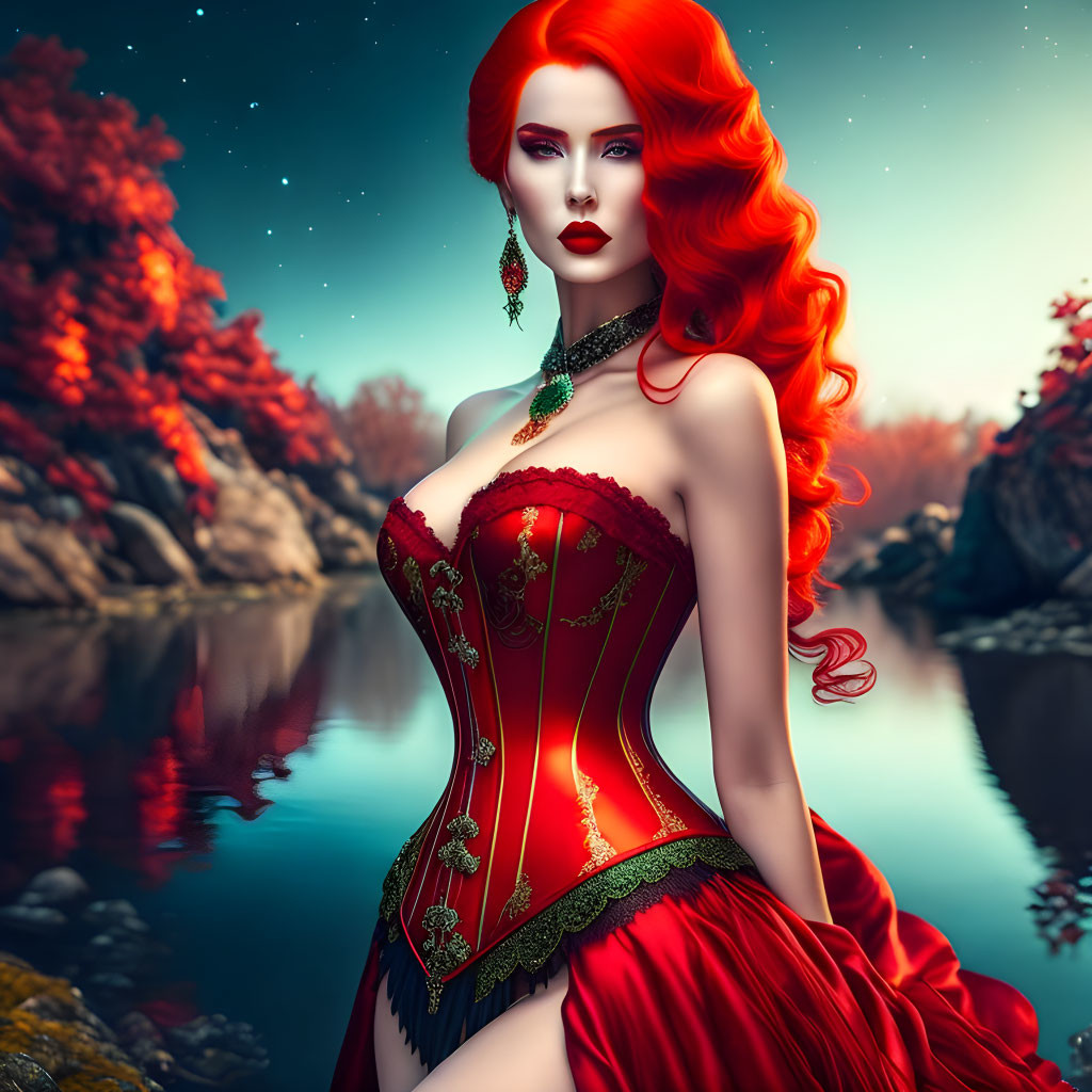 Vivid Red-Haired Woman in Red and Gold Corset in Autumnal Landscape