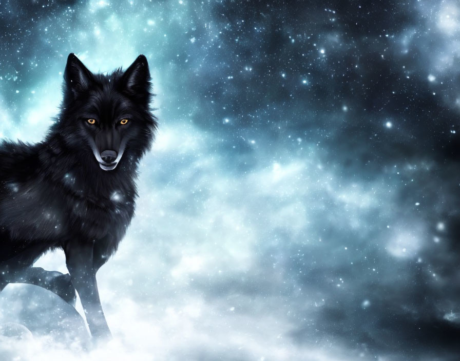 Black Wolf Against Starry Night Sky with Nebulous Clouds