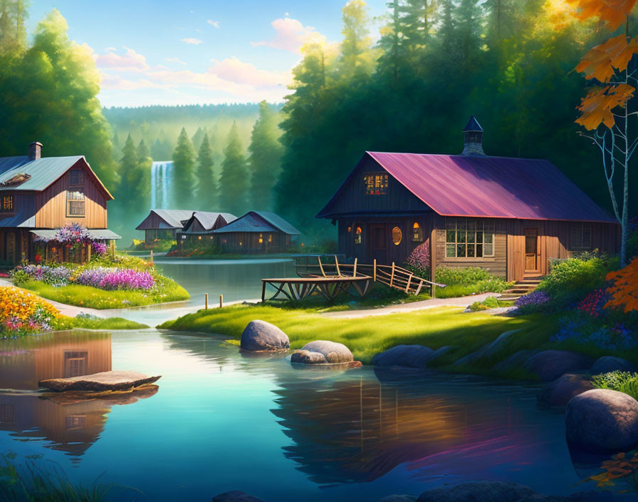 Tranquil Lake and Cozy Cabins in Lush Forest