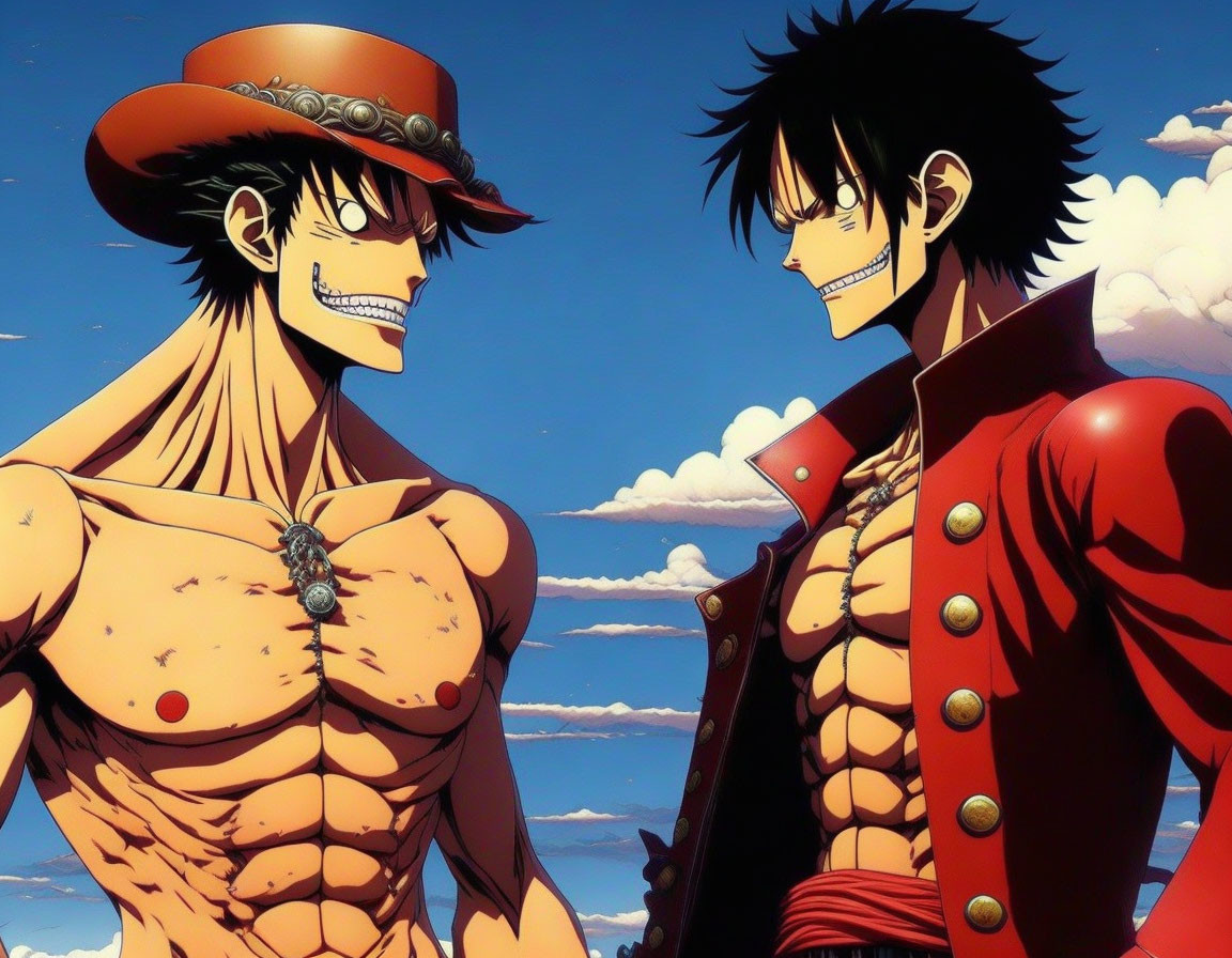 Two animated male characters under a blue sky: one shirtless in a straw hat, the other in