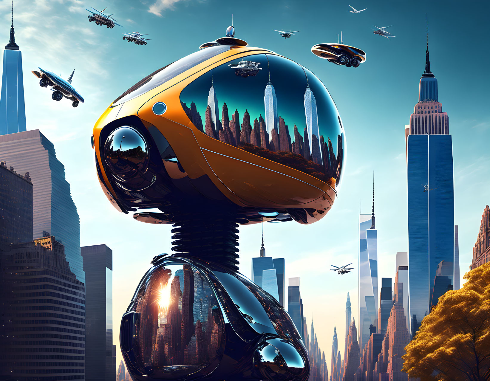 Futuristic Cityscape with Flying Pods and Skyscrapers