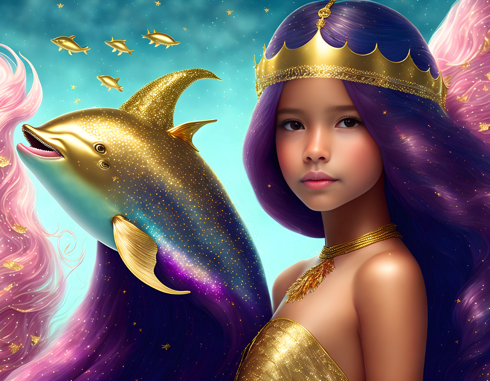 Fantastical portrait featuring girl with purple hair, gold crown, smiling golden dolphin, starry deep